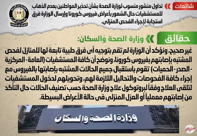 الحكومة تنفي إصدار منشور التحذير من الذهاب للمستشفى حال الشعور بأعراض كورونا
