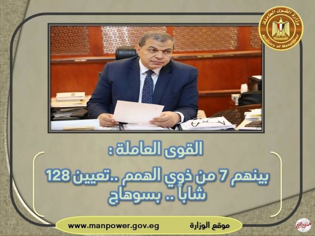 بينهم 7 من ذوي الهمم.. القوى العاملة : تعيين 128 شاباً .. بسوهاج