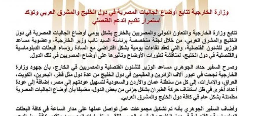 وزارة الخارجية تتابع أوضاع الجاليات المصرية في دول الخليج والمشرق العربي وتؤكد استمرار تقديم الدعم القنصلي