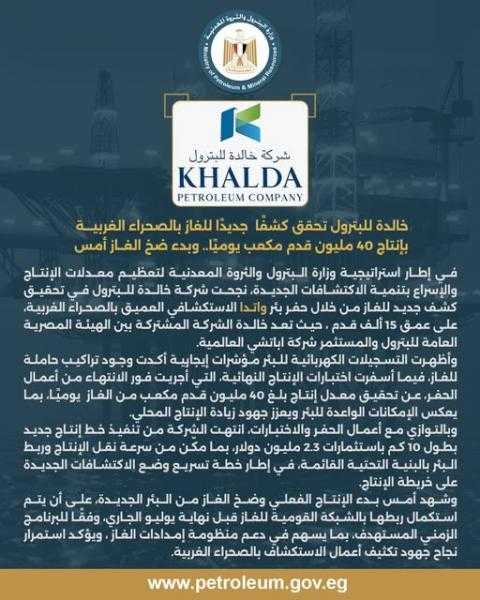 خالدة للبترول تحقق كشفًا  جديدًا للغاز بالصحراء الغربية بإنتاج 40 مليون قدم مكعب يوميًا.. وبدء ضخ الغاز أمس