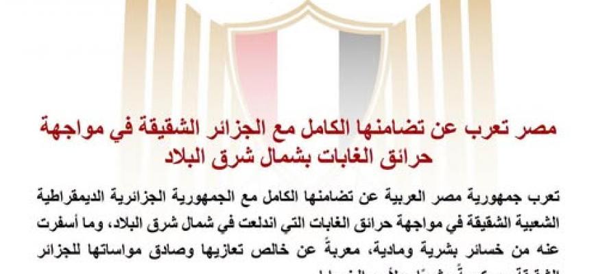 مصر تعرب عن تضامنها الكامل مع الجزائر الشقيقة في مواجهة حرائق الغابات بشمال شرق البلاد