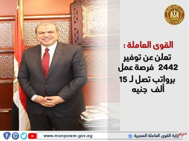 القوى العاملة تعلن عن توفير 2442 فرصة عمل  برواتب تصل لـ 15 ألف جنيه